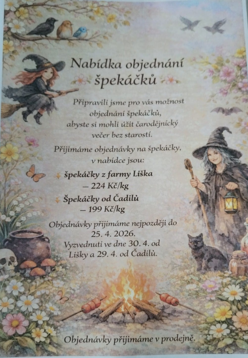 Nabídka objednání špekáčků – „Pálení čarodějnic“